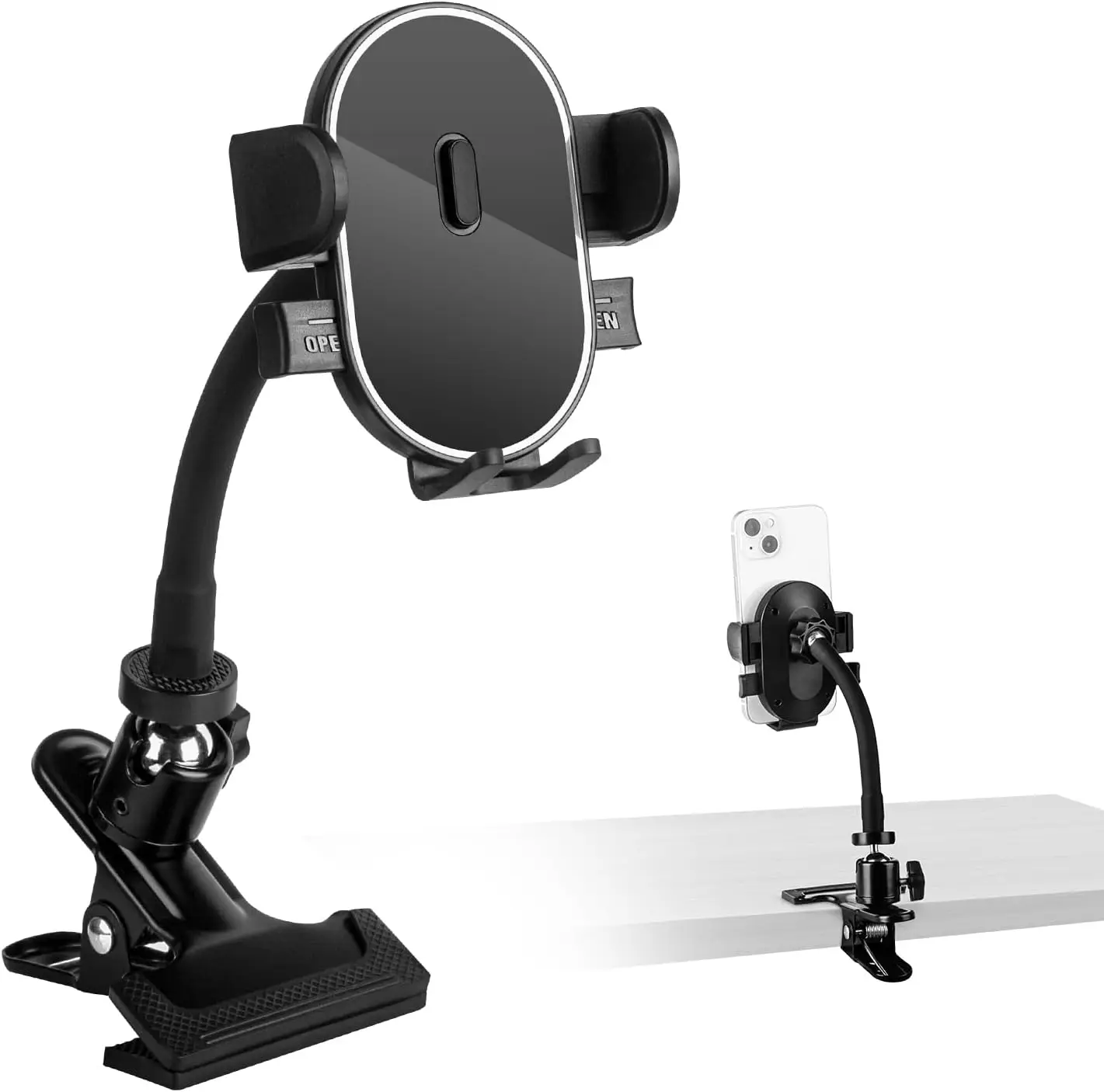

Flexible Gooseneck Phone Holder with 360 Rotation Auto Lock Clamp for 4-7 Inch Devices Multiple Arm Lengths