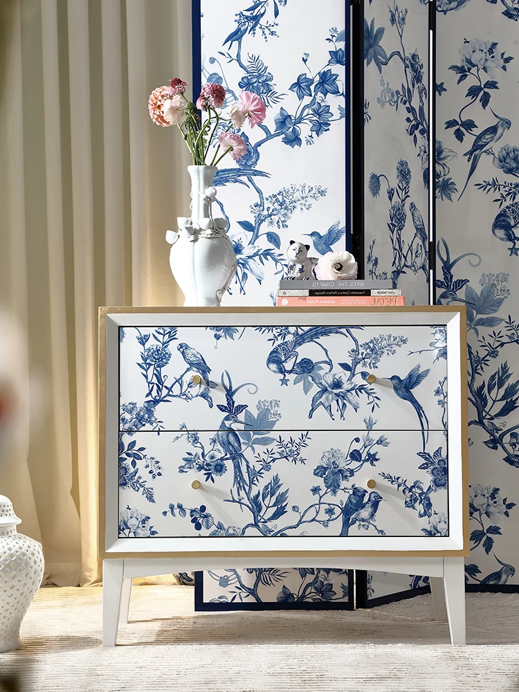 Blue and white porcelain white solid wood multi-purpose cabinet, entrance cabinet, storage, decorative cabinet, small chest