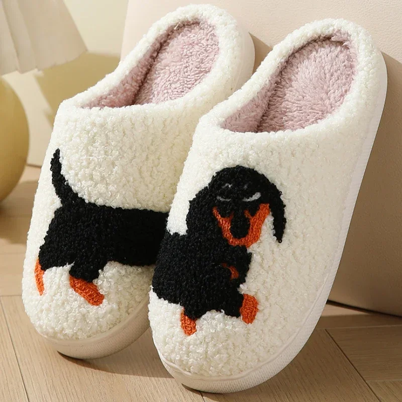 Pet Pattern Dachshund Embroidery Stuffed Home Thick Sole Plaid Furry Cotton Slippers  Cute Warm Non-slip Indoor Slippers Gift