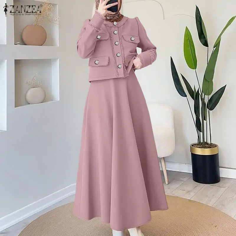 

ZANZEA Muslim Women's Elegant Skirt Suits Tassels Trim Long Sleeve Crop Shirt & A-Line Long Skirt 2 Pieces Sets Modest Outfits