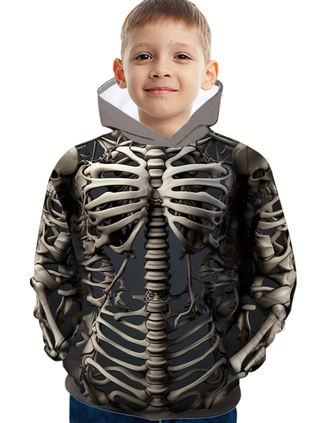 Neues Herbst-Winter-Kinder-Kapuzenpullover, Halloween-Skelett-Print-Top für Jungen und Mädchen, lässige Sport- und Partykleidung