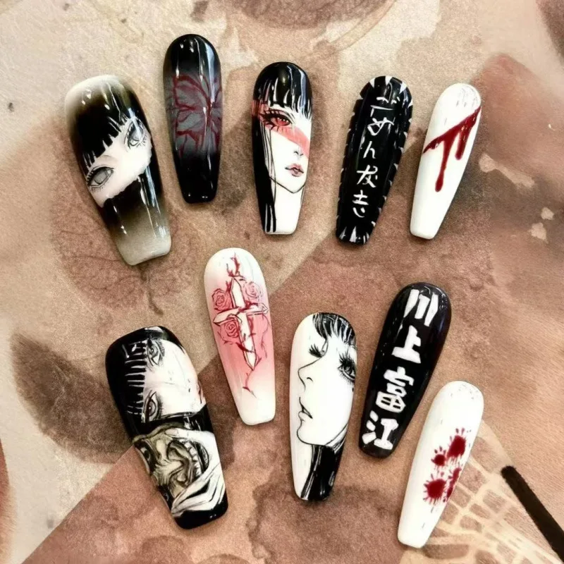 10Pcs Fake Nails Dark Sweet and Edgy Style Pain Nails Anime-Inspired Press-On Nail Tips Perfect Gift for Girls and Friends