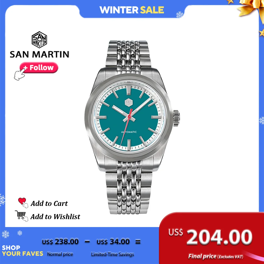 San Martin New 37mm Simple Style Men's Watch Stainless Steel Sports Waterproof Automatic Mechanical Wristwatch 200m BGW9 SN0106G