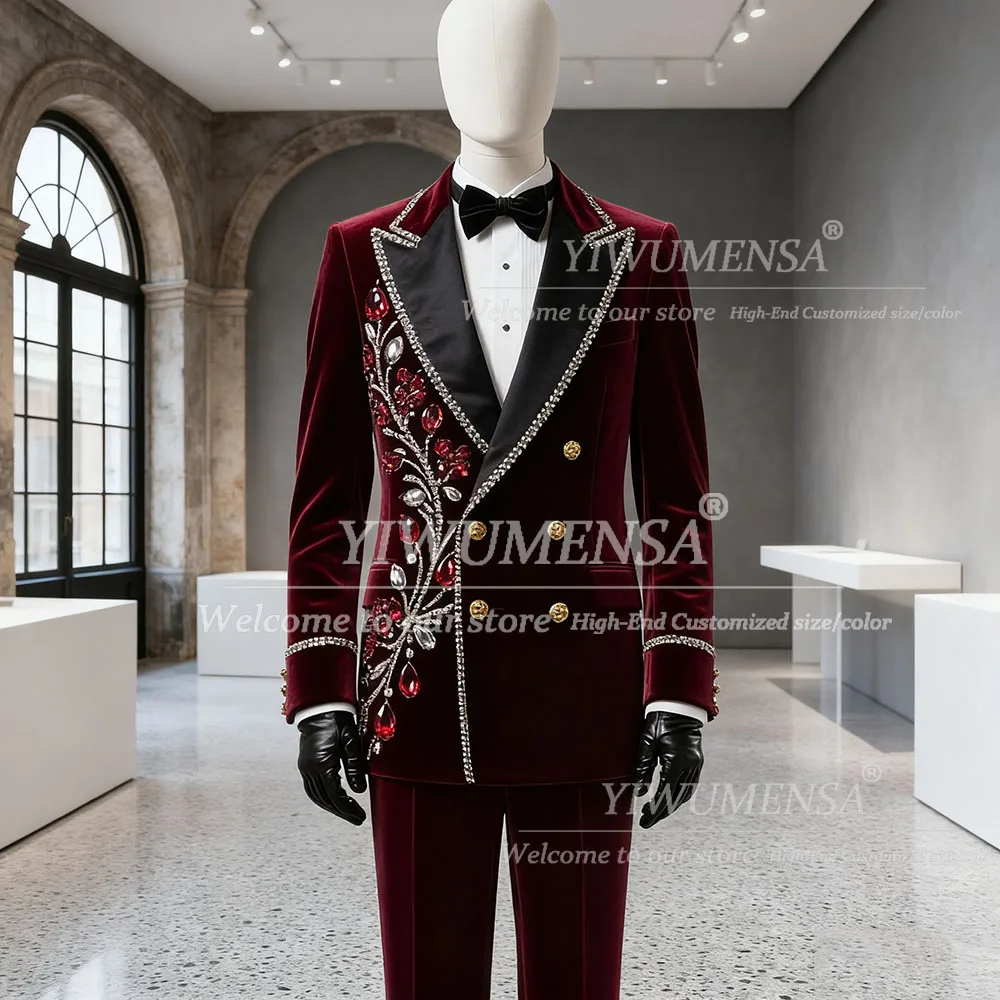 

Beaded Stones Man Suit For Wedding Exquisite Double Breasted Prom Tuxedos Customized 2 Pieces Groom Business costumes hommes
