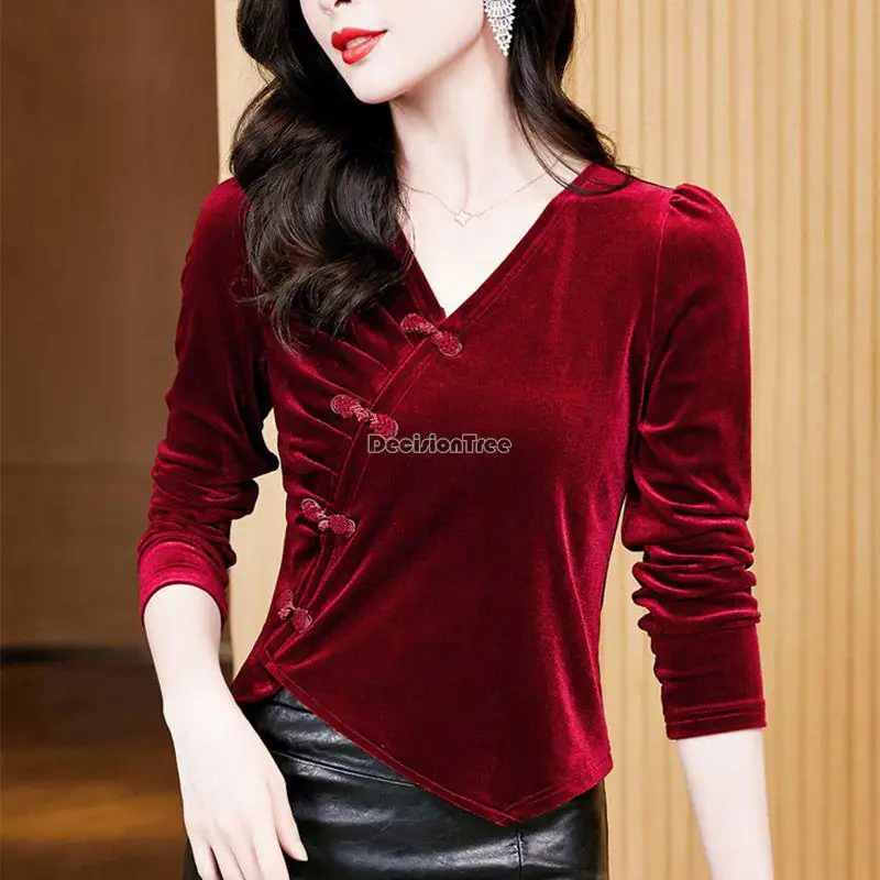 

2023 v-neck velvet top women autumn retro chinese style disc buckle long sleeve cheongsam blouse fashion daily base shirt t001