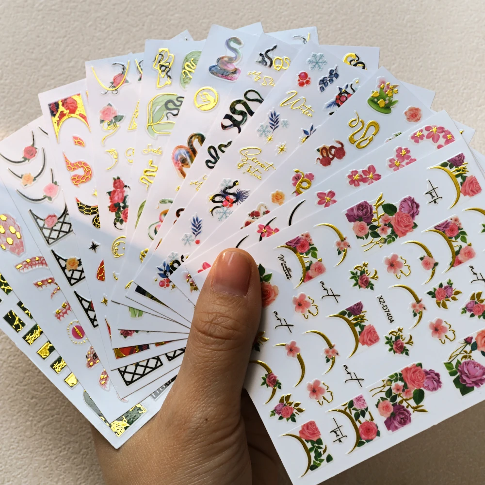 12Pcs 3D French Snake Print Nail Stickers Chinese Luxurious Peony Flower Nail Decal elf-Adhesive Sexy Leopard Snake Nail Slider