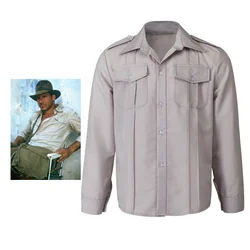 Movie Indiana Jones Cosplay Costume Shirt Dr. Jones Long Sleeves 2 Pockets Work Shirts Casual Shirt Halloween Shirt For Men