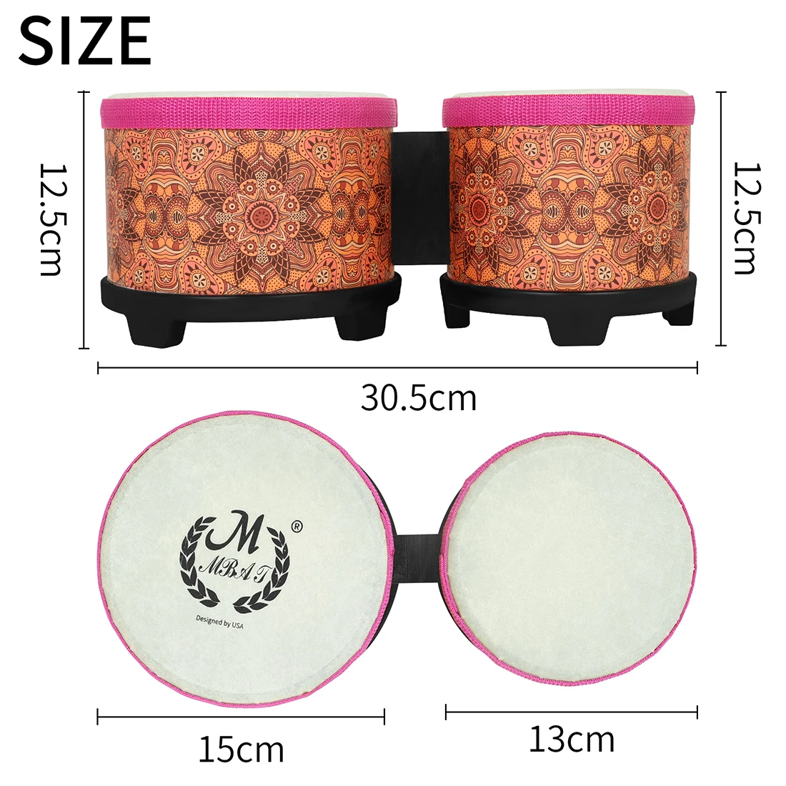 5“&6” Bongo Drums Set with Rubber Base Smooth Edge Connected Drums Tools Durable ABS Shell & Goat Skin Heads for Music Class