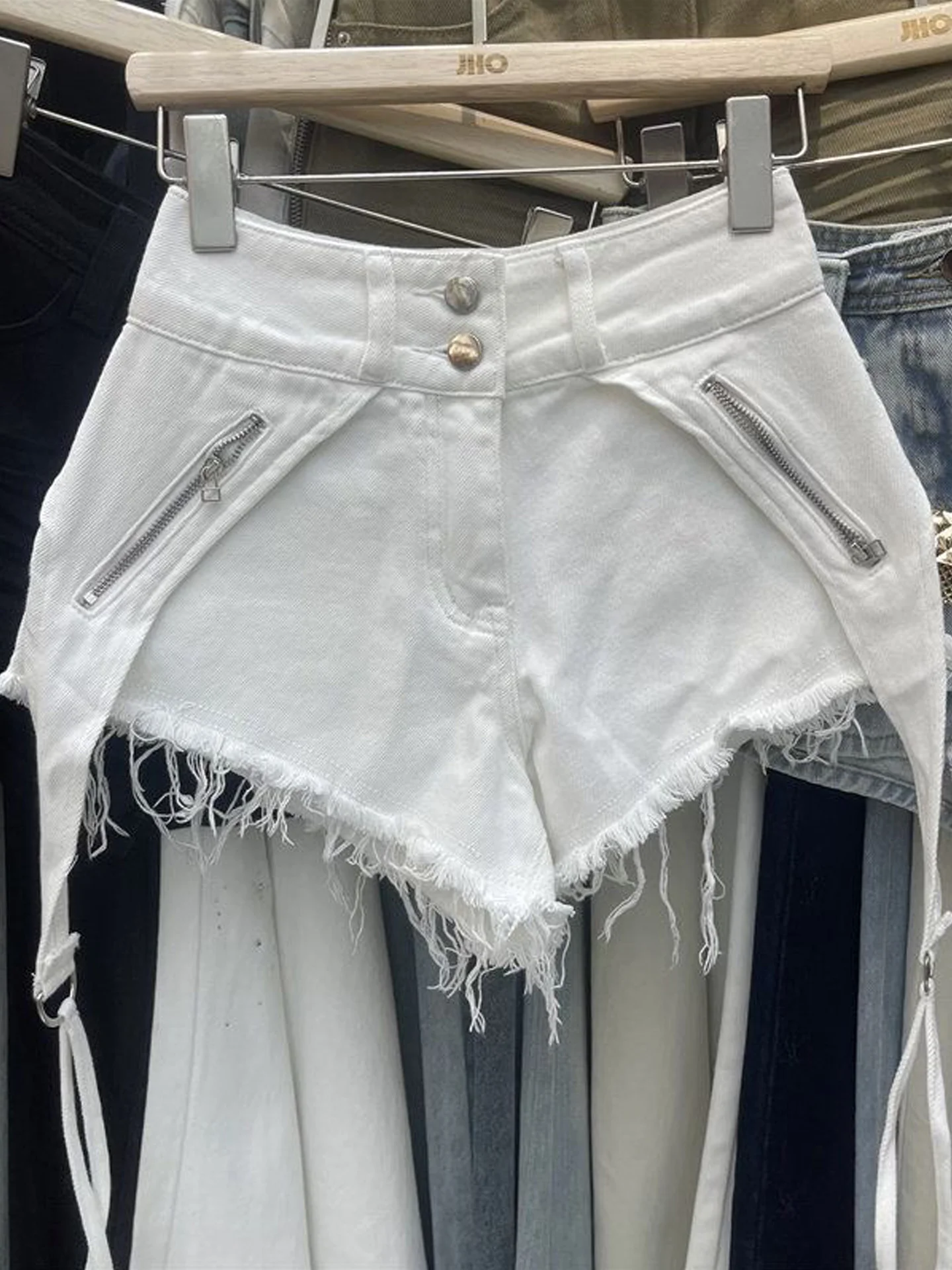High Waist Zipper Splice Frayed  Asymmetrical Design Korean Style Super Short Jeans Shorts Women's Autumn New Hot Pants