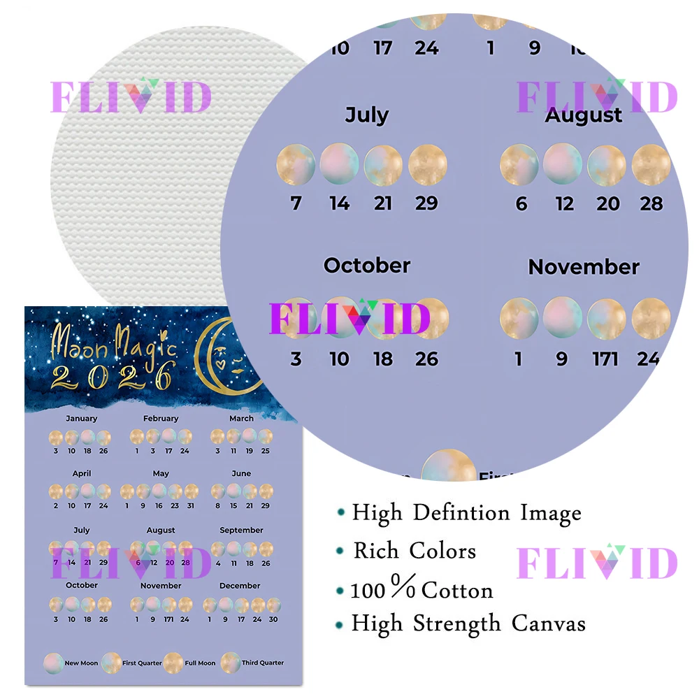 2026 القمر التقويم ويتشي غريموير صفحات الرسم على لوحات القماش الجدارية ، 2026 مراحل القمر التقويم ملصق فني طباعة ديكور المنزل غير المؤطرة