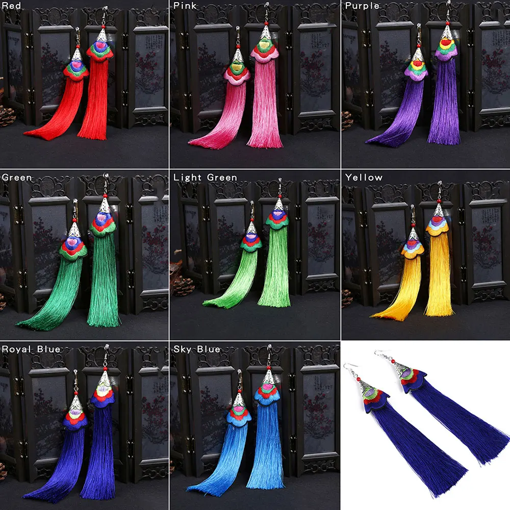 Ethnic Tassel Earrings Women Gift Petal Long Drop Earrings 2024 Trend Women's Jewelry Decoration Vintage Bohemia Green Earrings