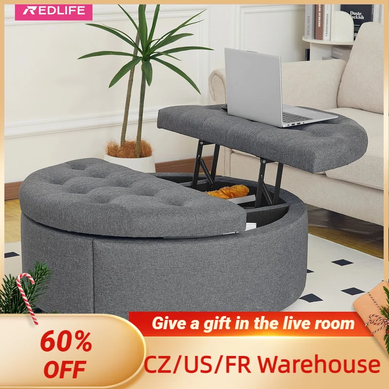 Round Storage Ottoman, Modern Button Tufted Coffee Table, Lift Off Lid, Upholstered Footstool for Living Room and Bedroom, 35