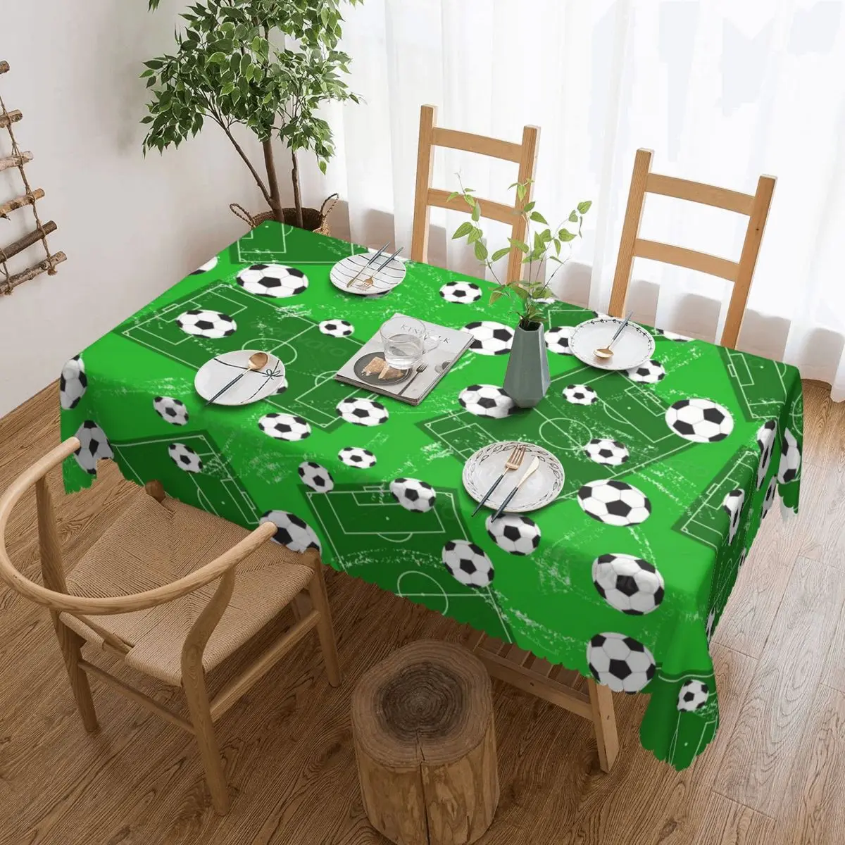 Customized Green Grass Field Soccer Football Tablecloth Rectangular Waterproof Table Cloth Cover for Kitchen