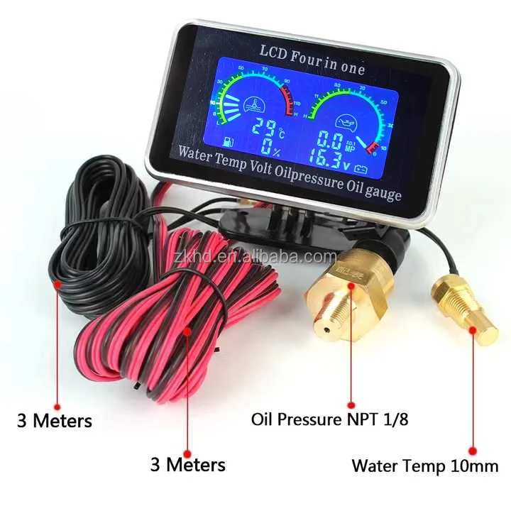 

12v/24v 4-in-1 Liquid Crystal Oil Pressure Voltmeter Water Temperature Oil Meter with 10mm Temperature Sensor for Cars and Truck