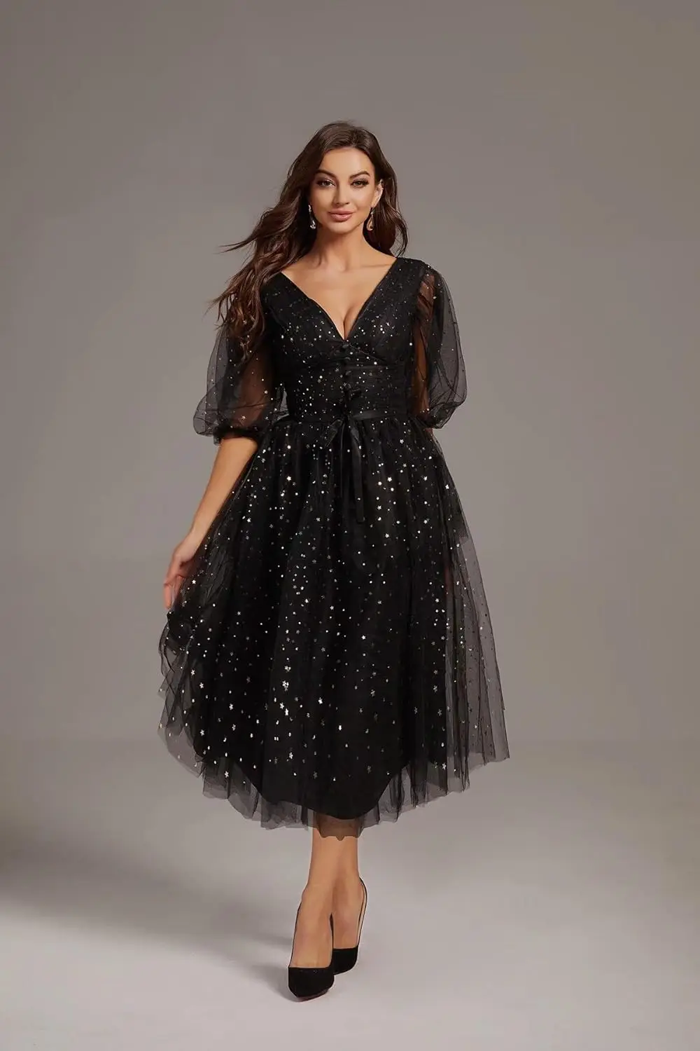 

V-neck Women's Sparkle Starry Tulle Prom Dresses Puffy Sleeve Slit Formal Evening Party Gowns Formal Dress Women Elegant
