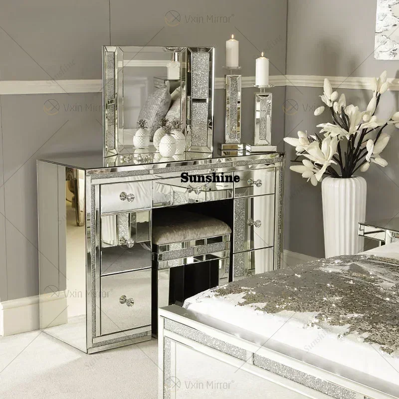 Crystal Shinny Mirrored Frame Decor Vanity Dresser Silver Glass Dressing Table For Bedroom Furniture