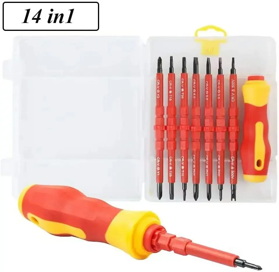 14/Pcs VDE Insulated Screwdriver Set Slotted Phillips Screw Driver Bits Kit With Tester Pen Electricians Hand Tools