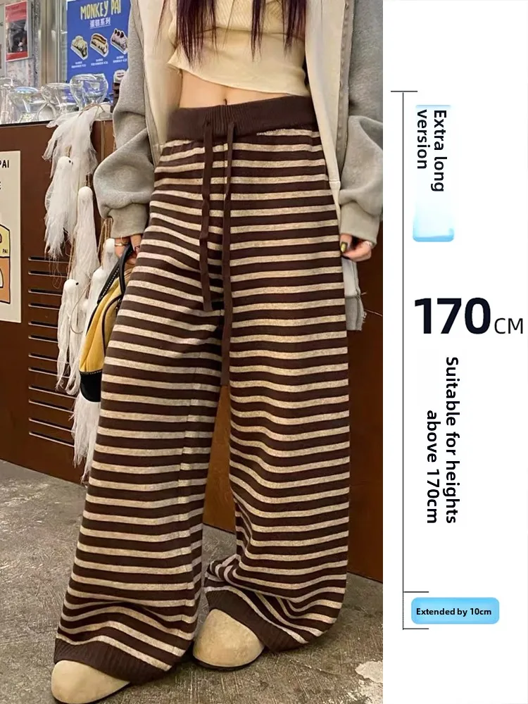 

Extended Length Knitted Stripe Casual Pants Women's Spring Autumn Soft Comfortable High Waist Belted Straight Leg Trousers