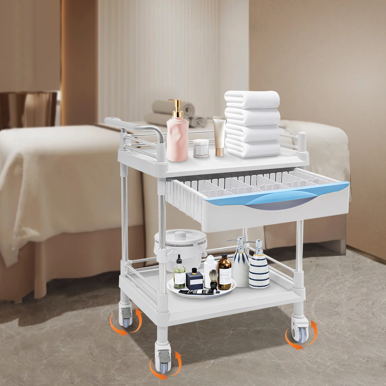 Carrinho utilitário médico de aço inoxidável prateado, carrinho de salão de beleza independente com rodas 65*44*90cm para salões, ocasiões