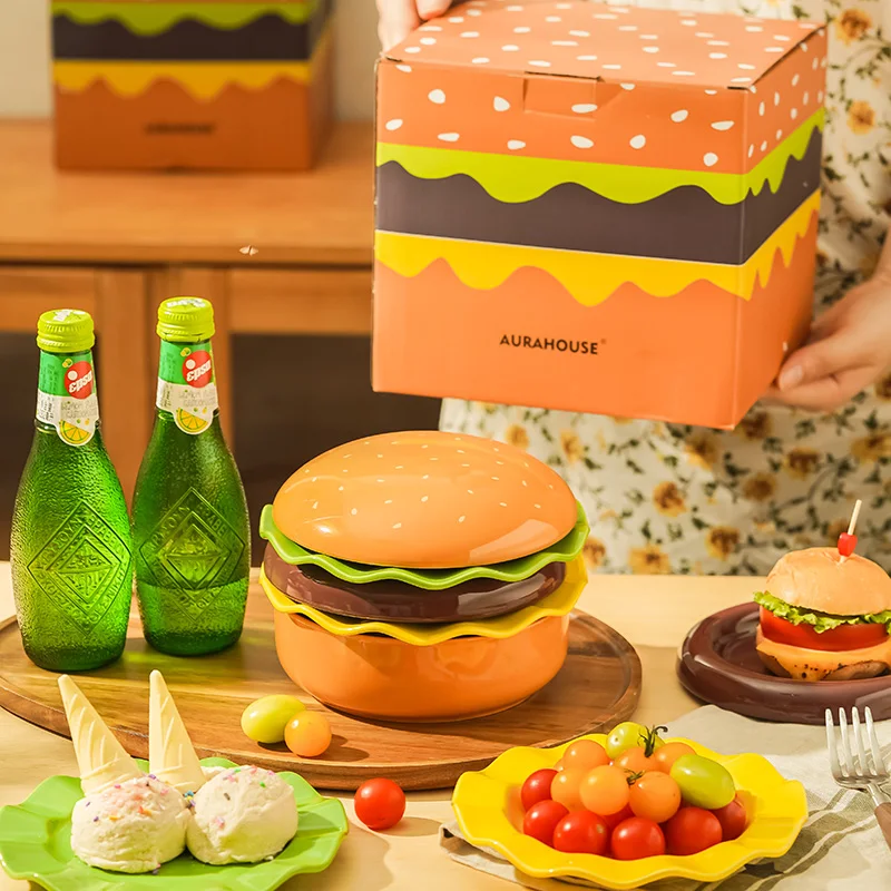 Creative Hamburger Bowl and Plate Set High Beauty Salad Bowls Irregular Dessert Plates Ceramic Tableware Cute Rice Bowl