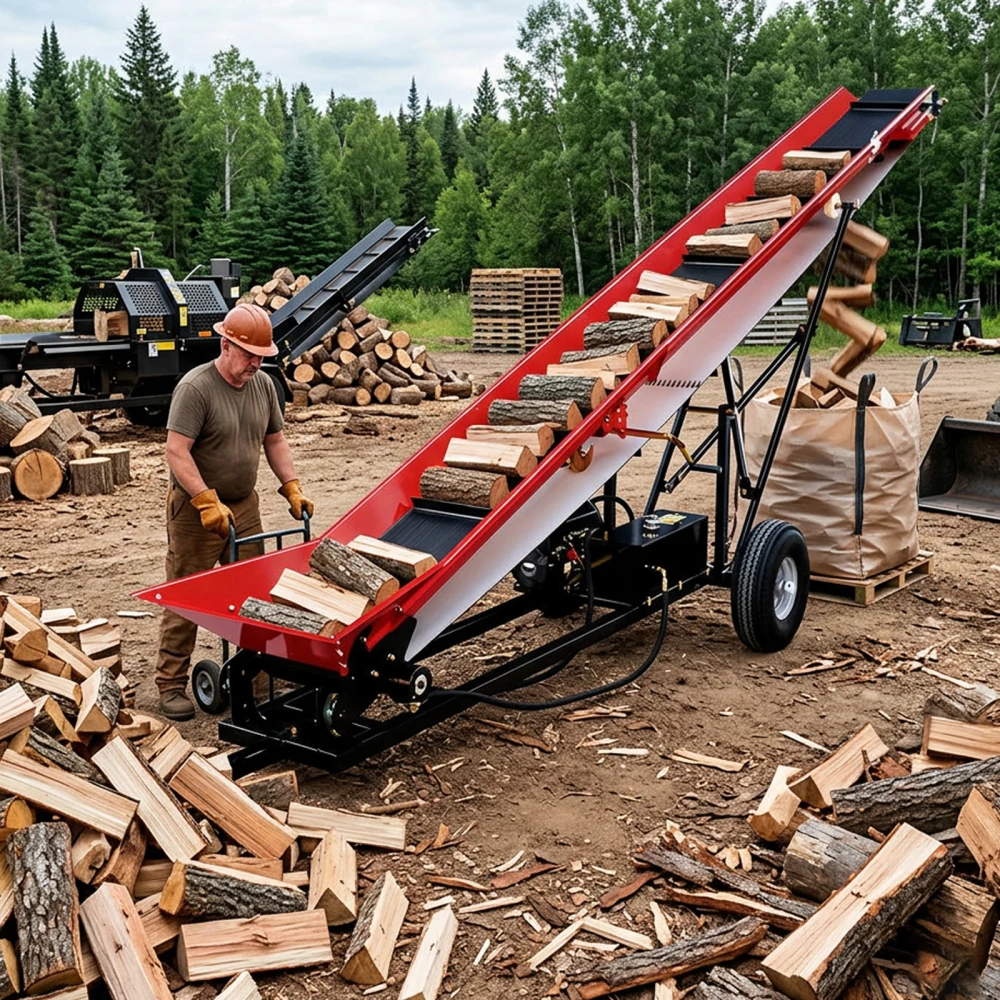 

12-Inch Width PVC Belt Firewood Conveyor, 6.5HP 208cc Engine, 118 Inch / 9.8 FT. Max Height, Wood Conveyor Lifter Elevator