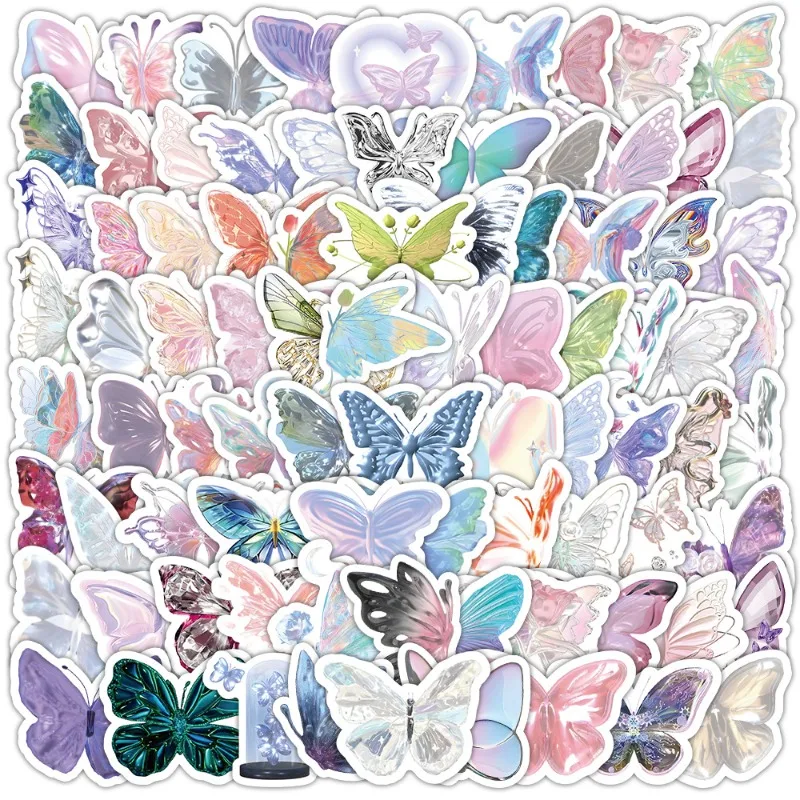 100PCS Cute Cartoon Shiny Butterfly Children's Favorite Reward Stationery Box Suitcase Guitar Notebook Decorative Stickers