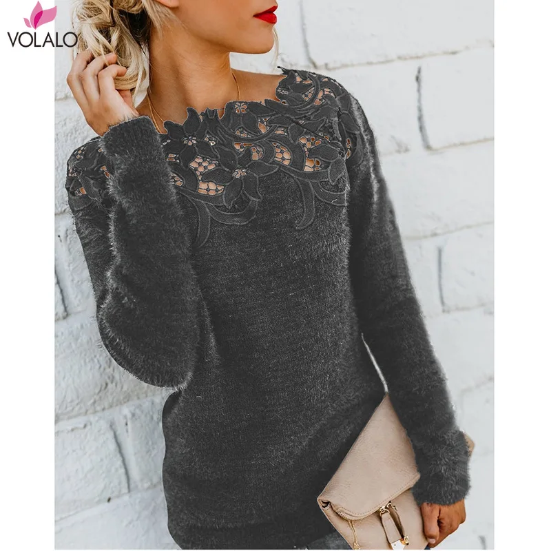 

VOLALO Sexy Black Lace Women Hollow Sweaters Long Sleeve Pullover Tops Sweater Ladies O Neck Jumper Hollow Out Knitwear