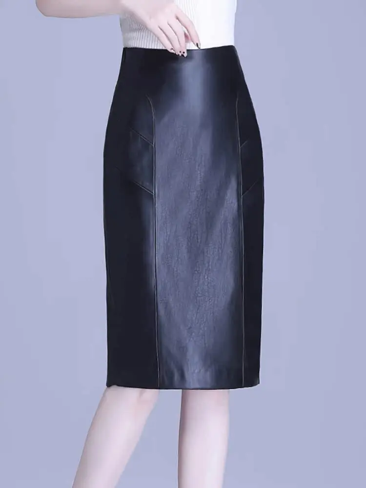

Ning Genuine Sheepskin Mid-Length Skirt High Waist Slimming Women's Black Leather Spring Autumn Fashion Casual Skirts