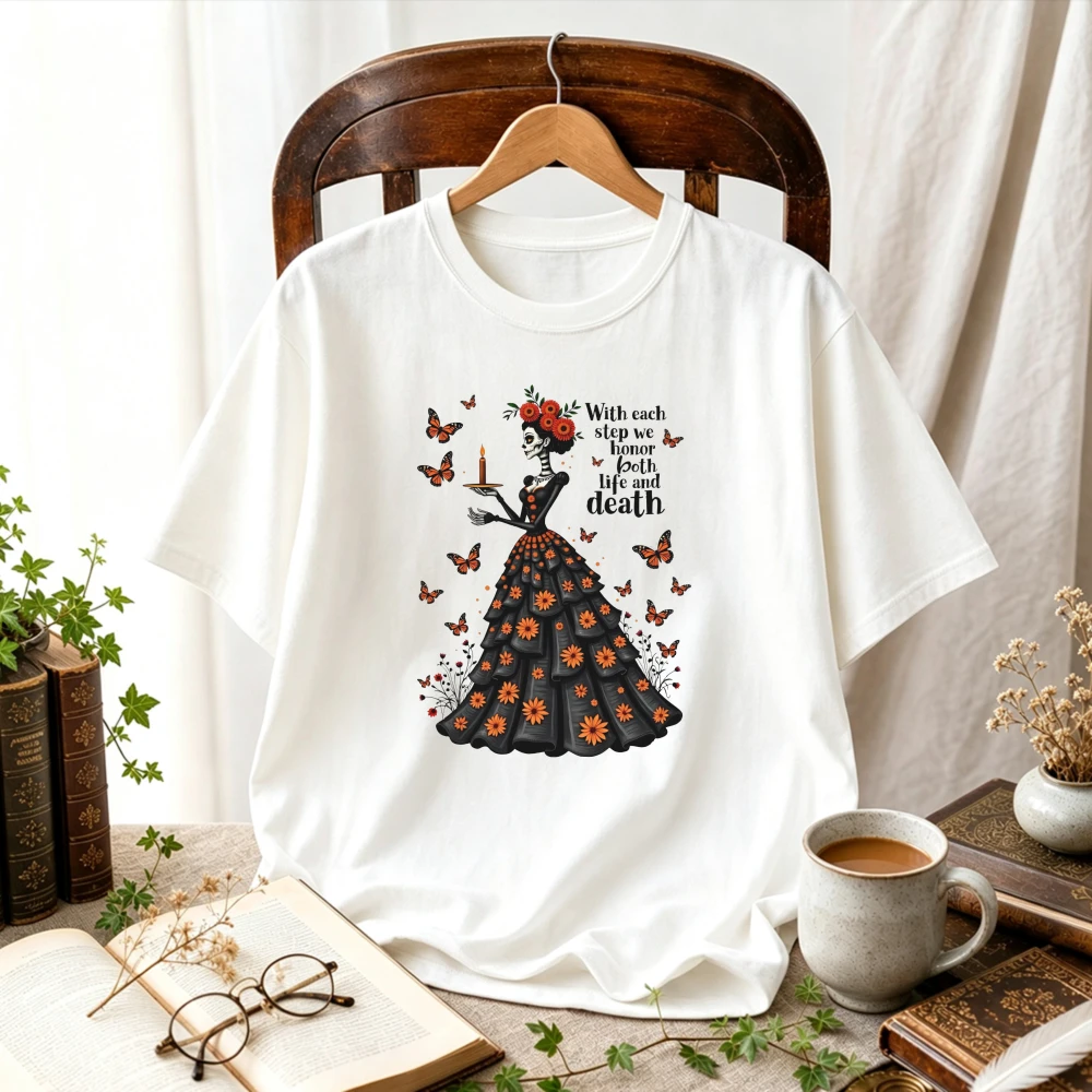 Dia De Los Muertos La Catrina Skeleton Lady Monarch Butterfly Candle Floral Mexican Day of Dead Art Cotton T‑Shirt Casual Tops