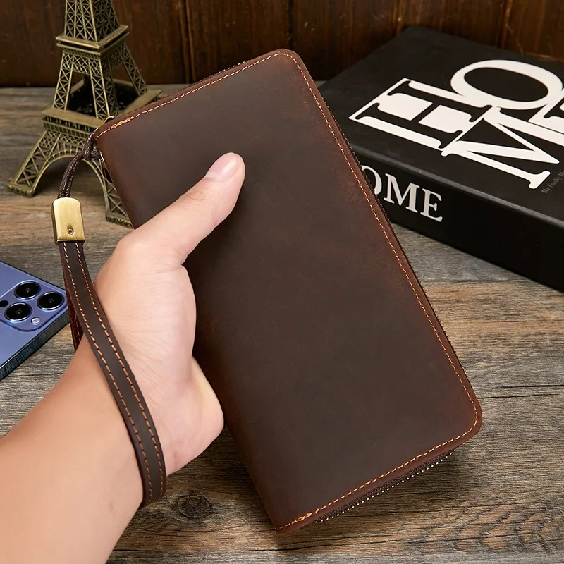 

Genuine Leather Men's Wallet Clutch Bag Card Holder Long Wallets Double Zipper Large Capacity Vintage Male Purses