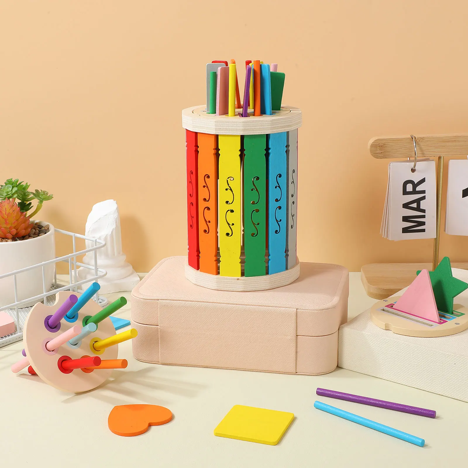 1Set Baby Color Sorting Cup Wooden Montessori Toddler Playroom Essential Color Classification Activity Fine Motor Skills