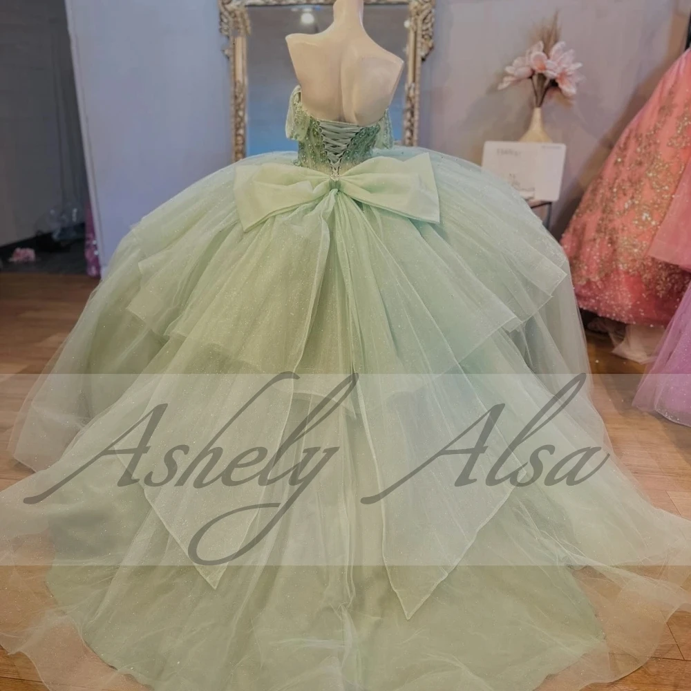 Mexican Sage Green Quinceanera Dress Ball Gown Lace Applique Beading Tiered Corset Sweet 16 Vestido De 15 Anos Prom Party Dress