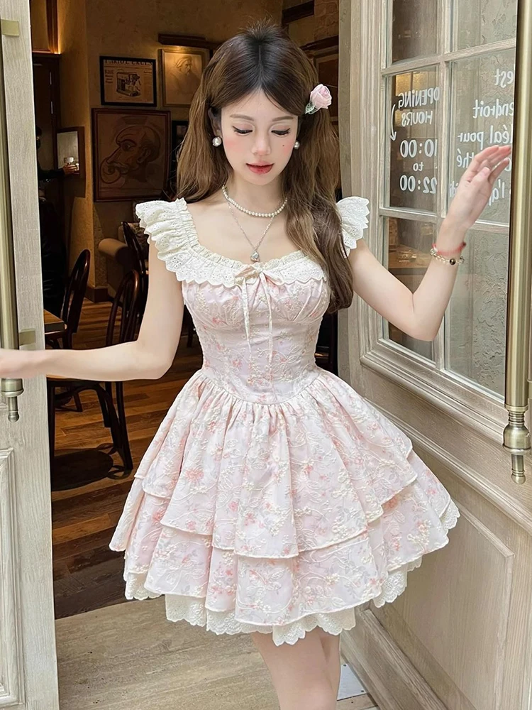 Lolita Zoete Bloemen Jurk Vrouwen Slanke Vliegende Mouw Elegante Leuke Mini Jurk Vintage Casual Kant Patchwork Kawaii Vestidos