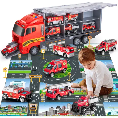 Kids Transport Truck Fire Cars Model Kids Toy Transporter Set With Play Mat 6pcs Mini Cars Vehicle Fire Truck Racing Toys Gifts