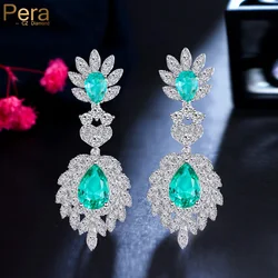 Pera Attractive Green Blue CZ Stone Long Water Drop Dangle Earrings for Ladies Party Night Silver Color Jewelry Accessories E010