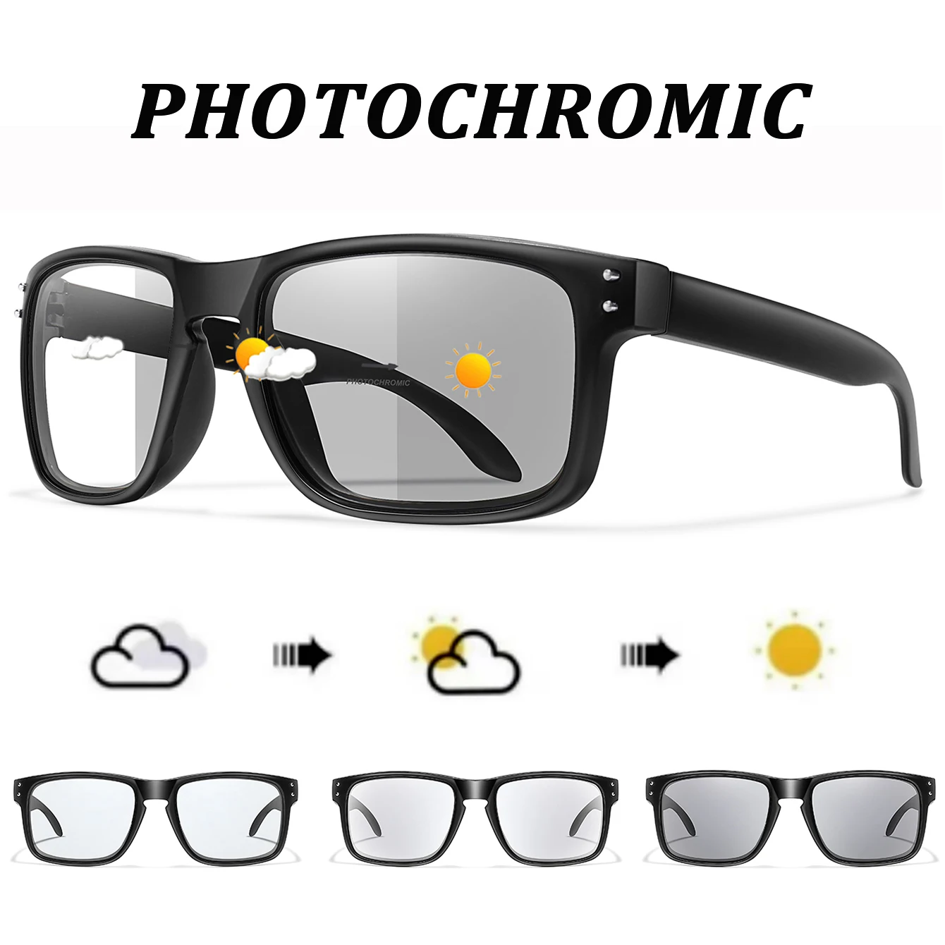 Photochrome Vintage-Sonnenbrille für Damen und Herren, klassische Brille mit quadratischem Rahmen und Nieten für Outdoor-Sportarten, Laufen, Radfahren