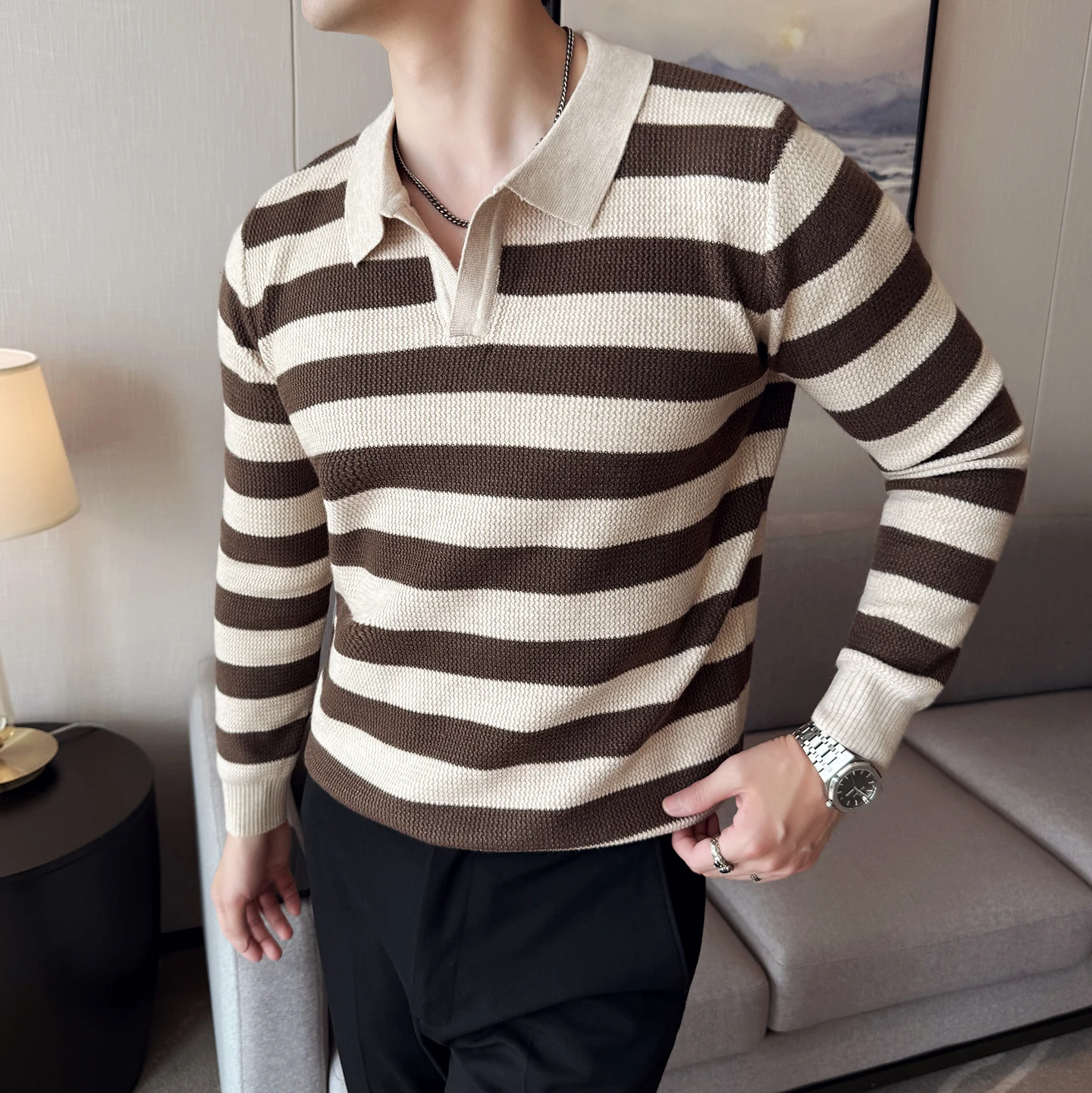 Autumn Winter Men's Lapel Sweater Trend Striped Sweaters Casual Business V-neck Pullover Slim Fit Street Wear Men Clothing 2025