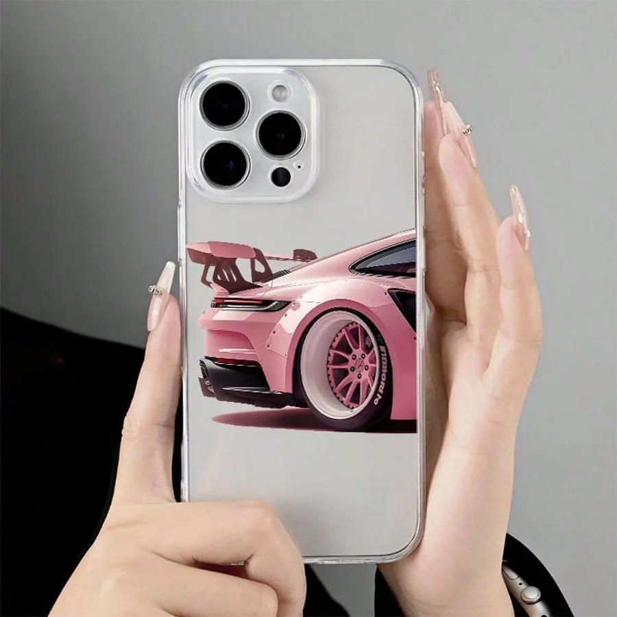 Pink Car Pattern Transparent Phone Case For iPhone 17 16 11 13 12 14 15 Pro Max XS X XR 7 8 Plus 16E 17Air Shockproof Soft Cover