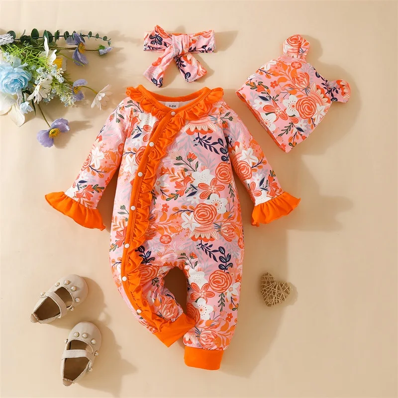 Newborn Infant Baby Girl Footed Jumpsuit Ruffle Footies Cotton Romper with Headband