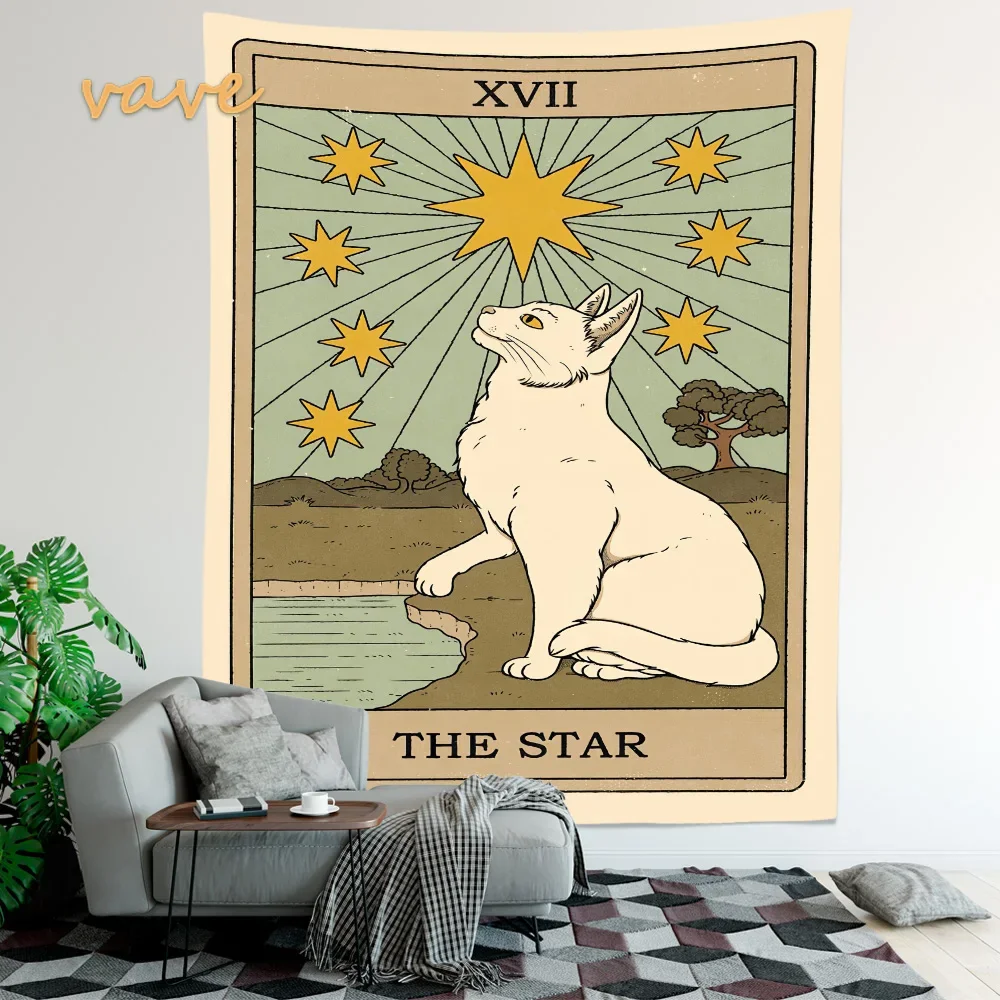 Cat Tarot Card Tapestry Wall Hanging Boho Hippie Sun Moon Star Cloth Fabric Large Tapestry Aesthetic Interior Dorm Bedroom Decor