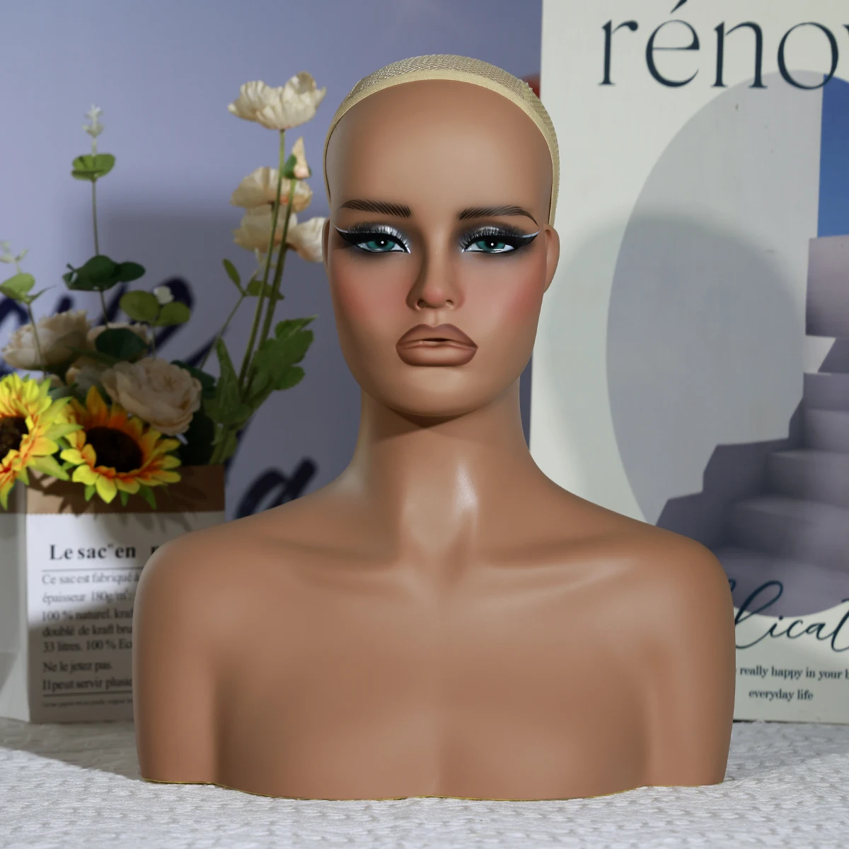 

Yajukai 1pcs wig display mannequin head Realistic Manikin Female mannequin head for wigs Dark Brown Skin wig head with Shoulders