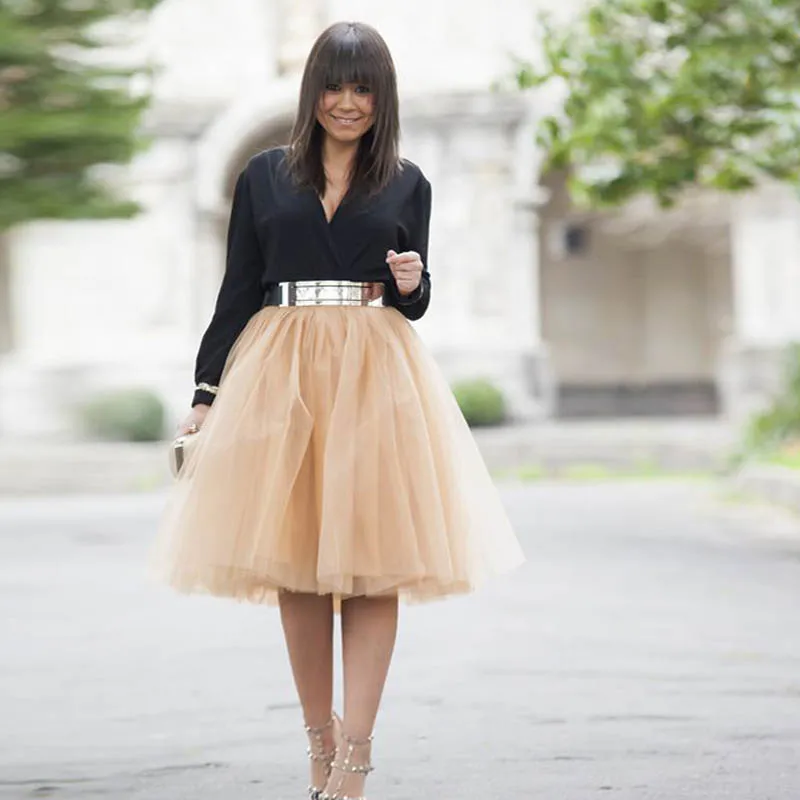 

Simple Cozy Champagne Midi Tulle Skirts A-line Puffy Knee Length Women Tutu Tulle Skirt Custom Made Female Skirt