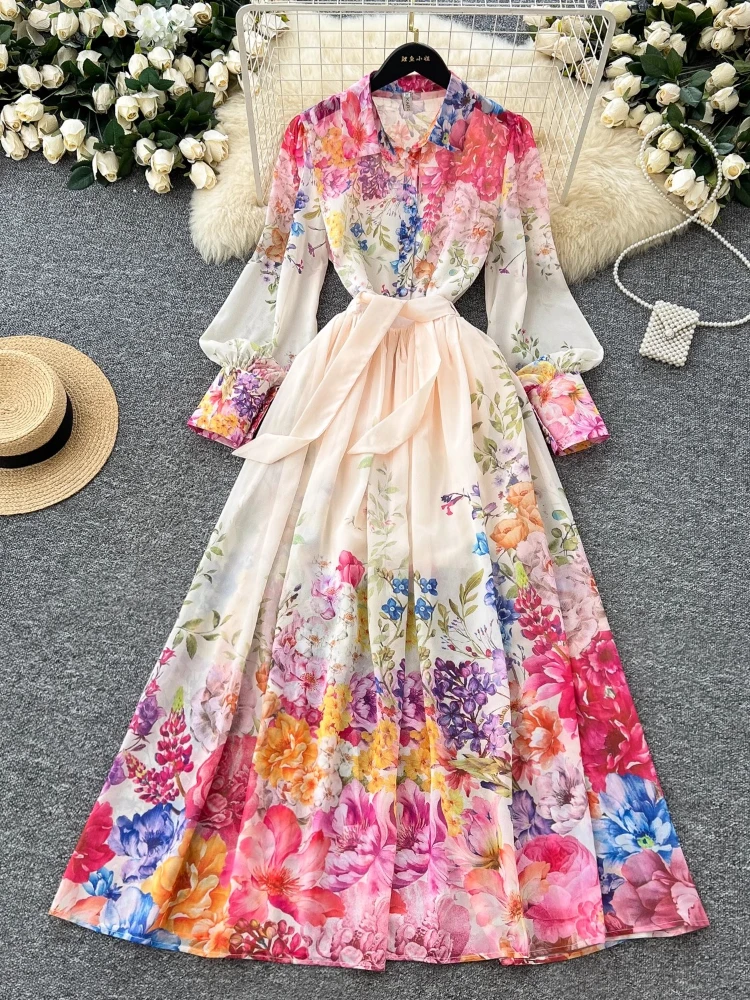 

Summer Holiday Chiffon Gorgeous Flower 2 Piece Set Women Long Lantern Sleeve Shirt Blouse and High Waist A-Line Long Skirt Suit