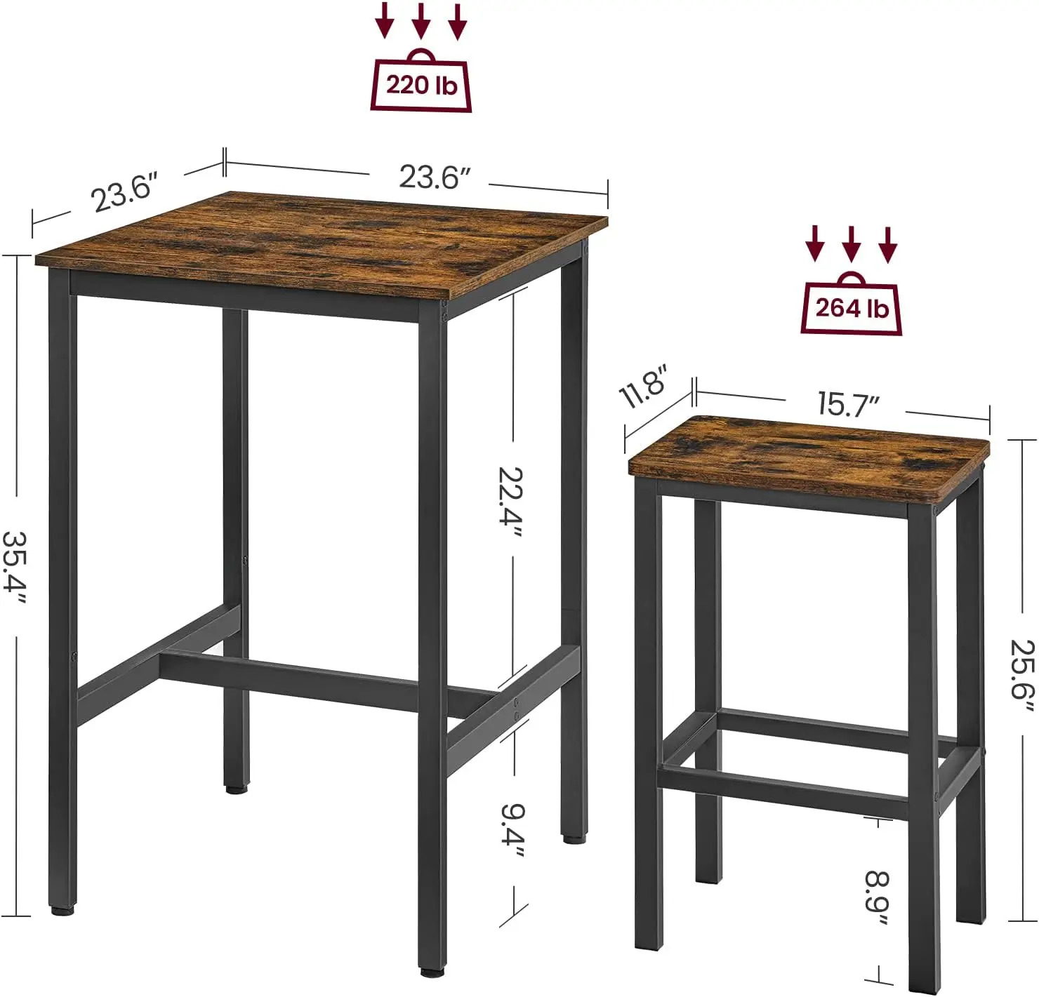 Tafel- en stoelenset, vierkante tafel met 2 barkrukken, eetbartafelset voor 2 personen, ruimtebesparend voor keuken B