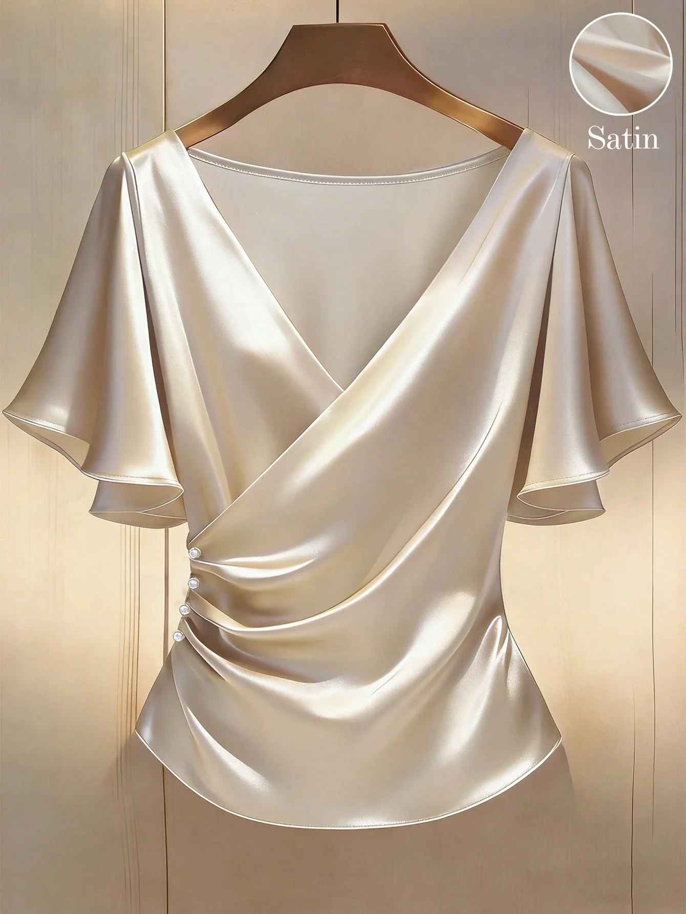 

Elegant Satin Blouse V-Neck Short Sleeve Ruffle Sleeve Pearl Button Women Summer Party Top
