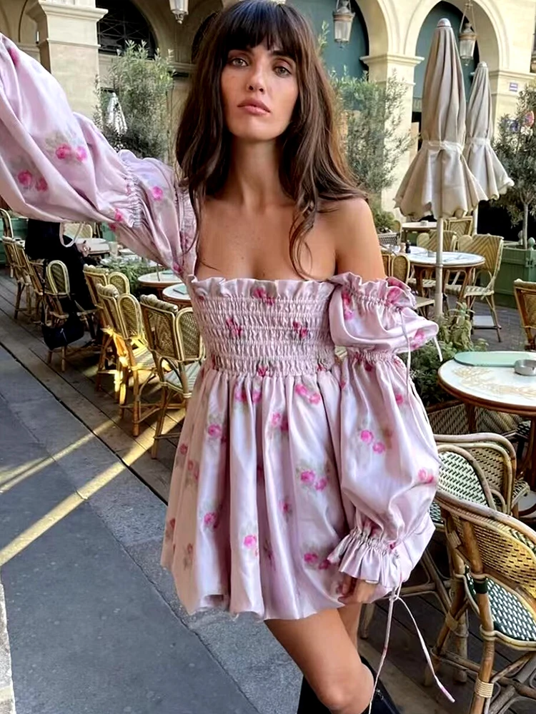 GypsyLady Elegant Floral Chic Mini Dresse Off The Shoulder Pink Backless Sexy Summer Party Women Vocation Casual Ladies Dress