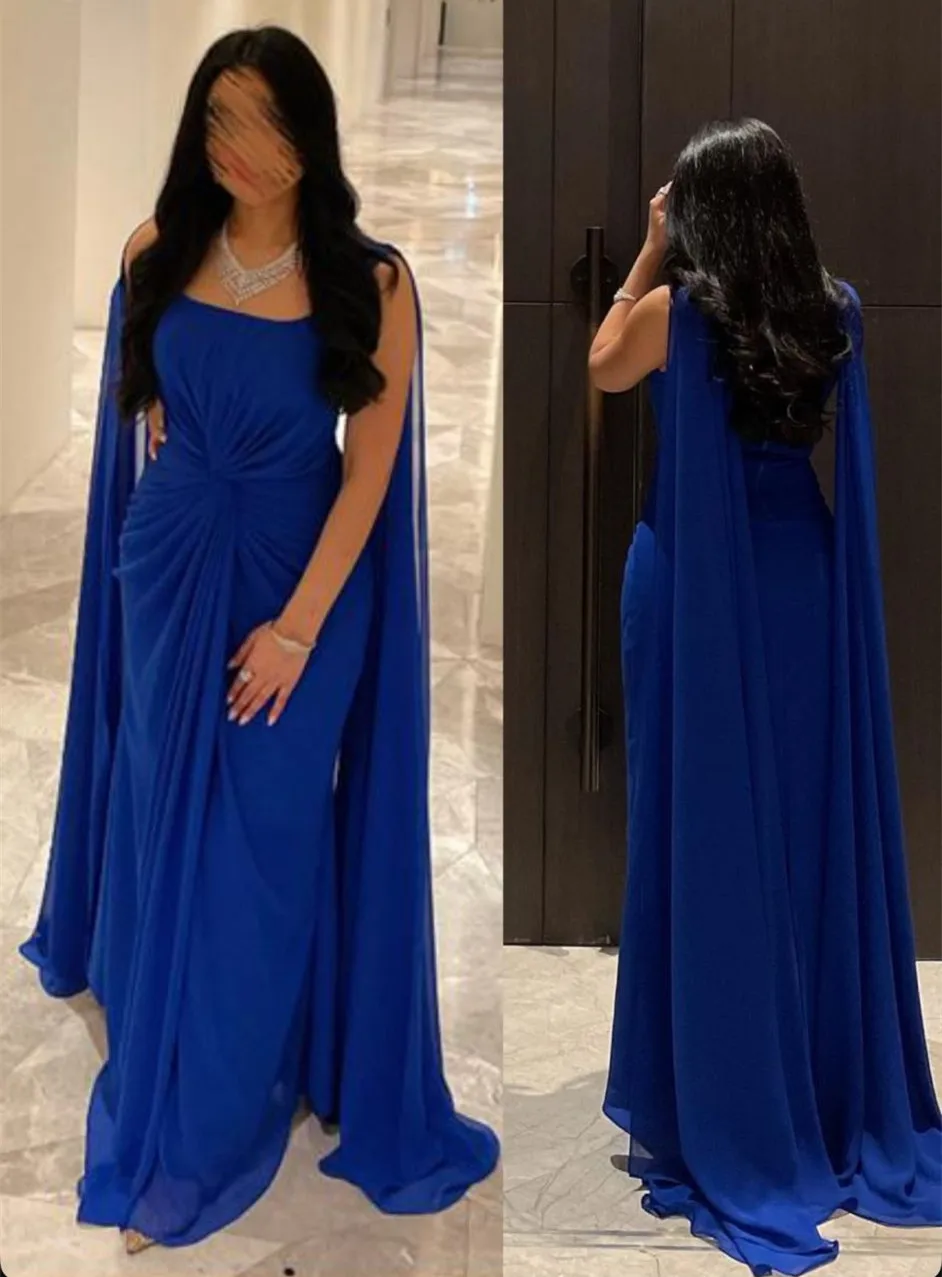 

Customized Long Square Neck Evening Dresses with Cape Mermaid Chiffon Pleated فساتين الحفلة Prom Dress for Women