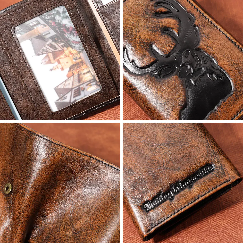 LAREET 지갑 3D 사슴 구호 패턴 짧은 멀티 카드 슬롯 지갑 남성 캐주얼 지갑 RFID Trifold 명함 홀더 지갑