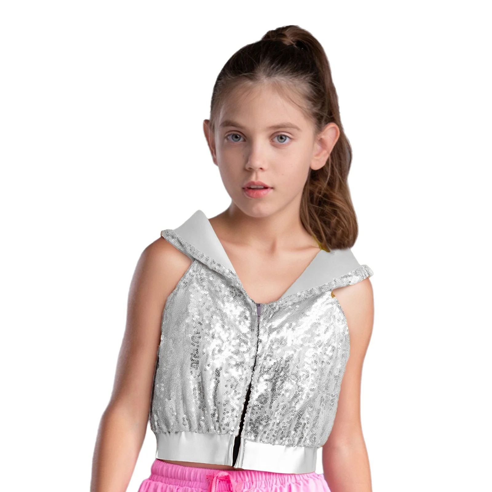 سترة قصيرة بقلنسوة لرقص الجاز على طراز الهيب هوب للأطفال البنات بدون أكمام وسحّاب مكشوف الظهر ملابس علوية لامعة بالترتر ملابس رقص للمدرسة ملابس خروج