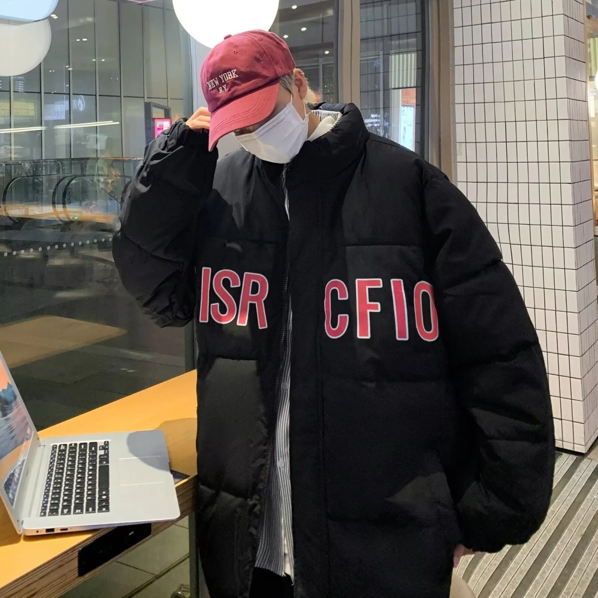 

New 2024 Men's Thiened Warm Cotton Jaet Winter Sports Casual Trendy Brand Bread Sle Coat Long Sve Zipper Closure